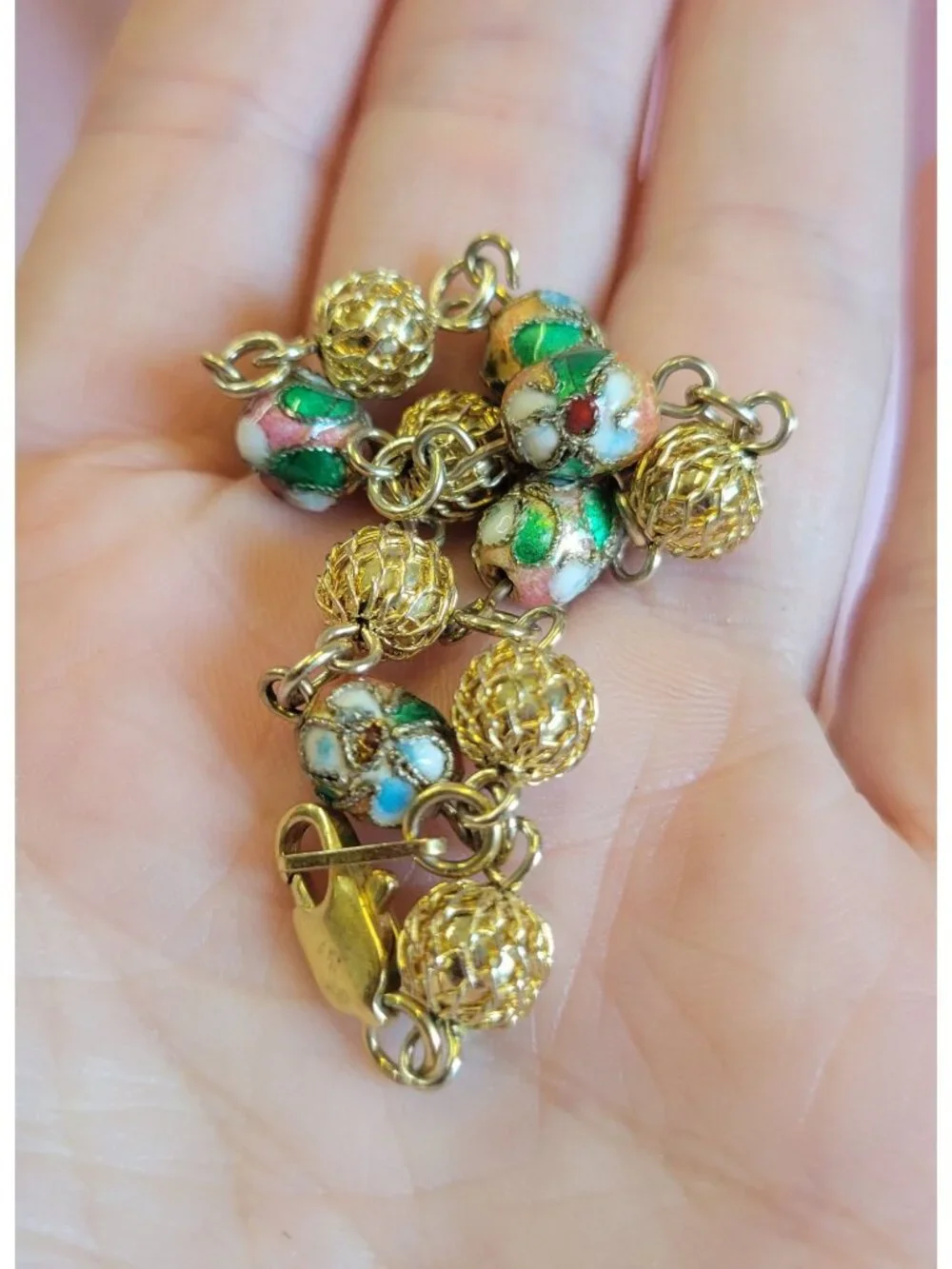 Gold Tone Pink Green Cloisonne Enamel Flower Beaded Wrap Chain Bracelet B1A